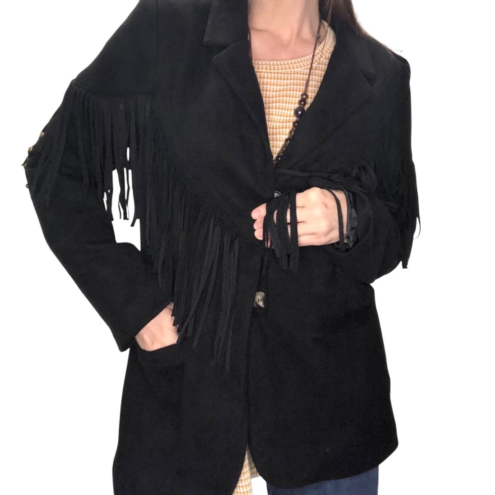 Blue B Coll. Faux Suede Fringe Rivets Jacket Sz M Black Rock Western Rockabilly